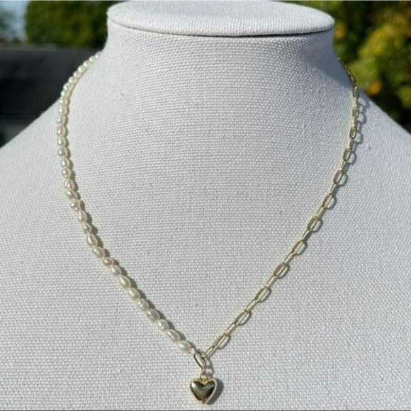 Gold Plated Cultured Baroque Pearl Chain Link Heart Pendant Choker Necklace - Picture 4 of 10